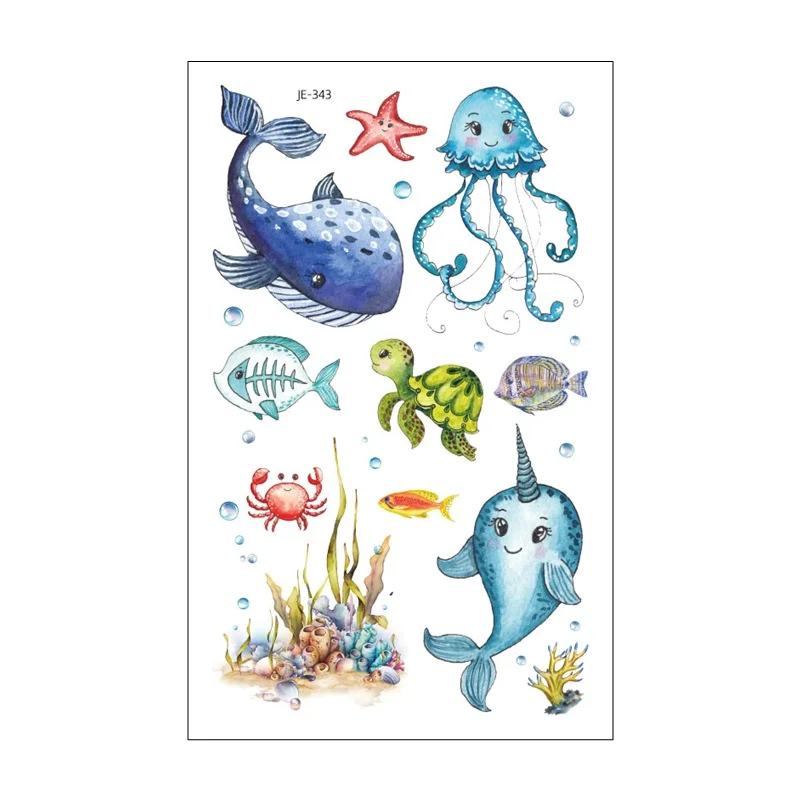 Waterproof Temporary Tattoos For Kids Cartoon Dolphins Whales Marine Fish Watercolor Fake Tattoo Stickers Disposable