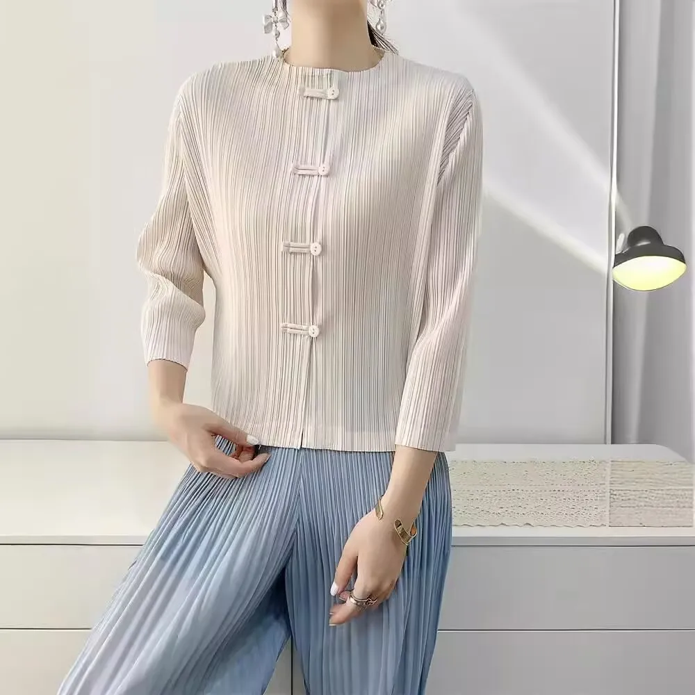 シャツ & ブラウス夏服三宅プリーツ春と夏の中国風プリントシャツ女性の長袖レトロルーズトップ