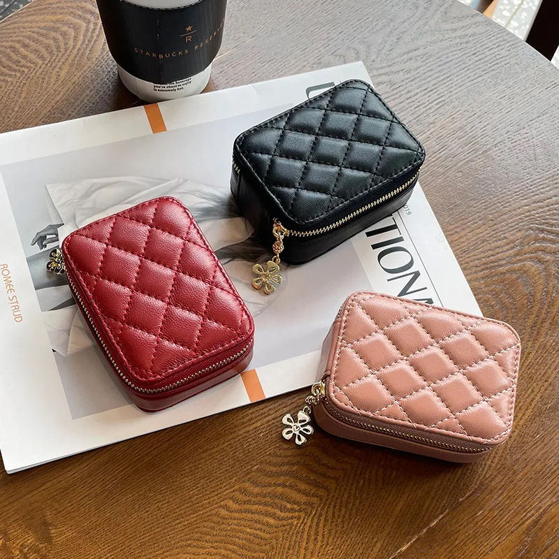 Genuine Leather Zipper Lipstick Bag for Women 2022 Mini Portable Sheepskin Lipstick Storage Bag with Mirror Fashion Cosmetic Bag