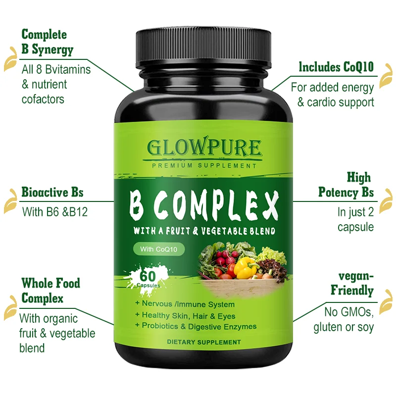 Vitamin B Complex Capsule Support Energy, Reduce Fatigue, Nervous and Immune System Heart Health, Improve Hair Skin Nail Health