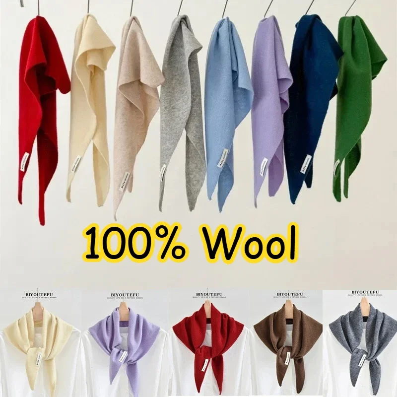 

100% Australian Wool Knitted Triangle Scarf Shawl Women's Autumn Winter Warm Neck Protection Scarf Decorative Small Scarf