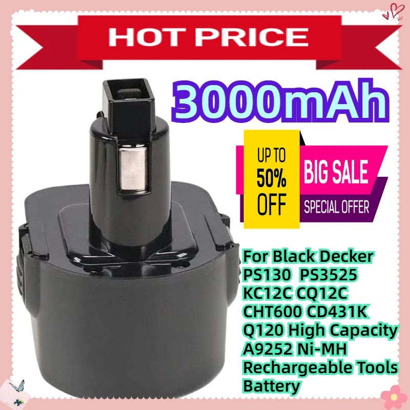 

For Black Decker PS130 PS3525 KC12C CQ12C CHT600 CD431K Q120 High Capacity A9252 12V Ni-MH Rechargeable Tools Battery