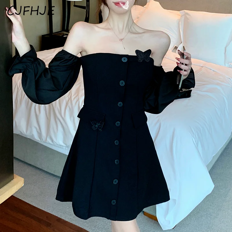 CJFHJE Sexy Off Shoulder Mini Dress Women Vintage Elegant Gothic Black Party Dress Korean Casual Strapless Chic Prom Y2K Dresses