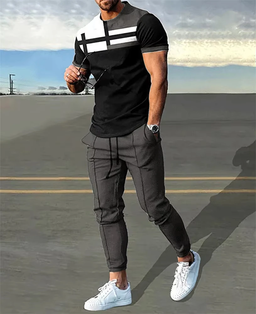 Men T Shirt Pants 2 Piece Sets Sportswear Print Bad Boy O Neck T Shirt+Long Pants Suit Tracksuits Sweatpants Outfits Men Clothes