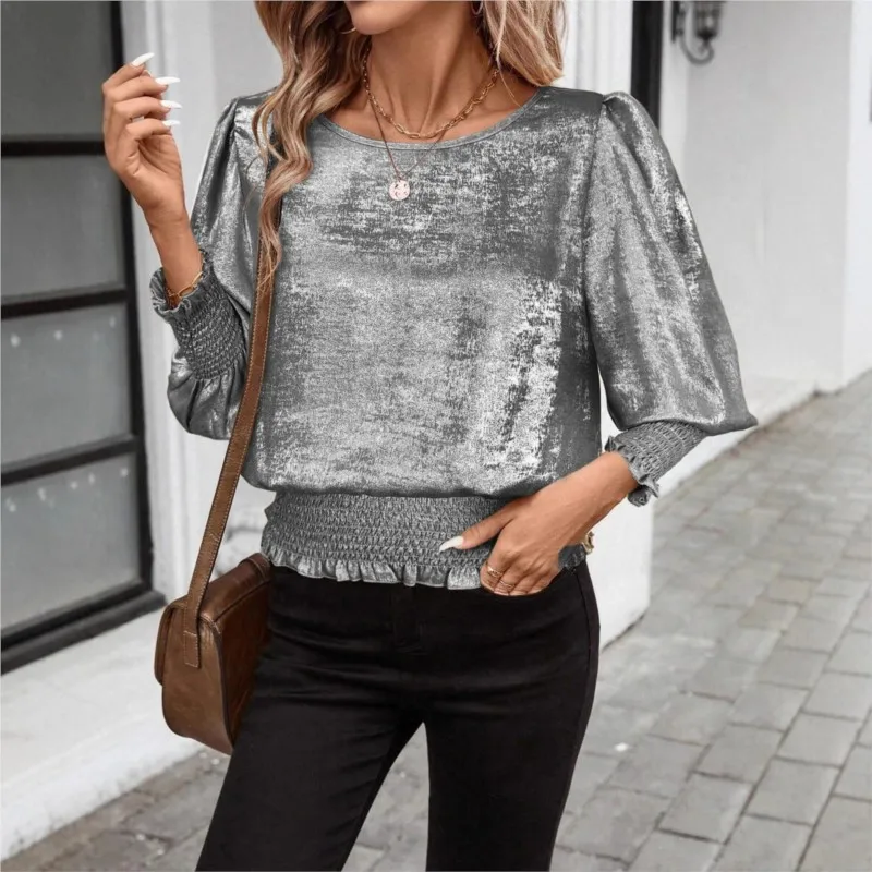 T Shirts Round Neck Long Sleeve Elastic Pullover Elegant Top Women New Spring And Summer Versatile Formal Occasion Shirt T-Shirt