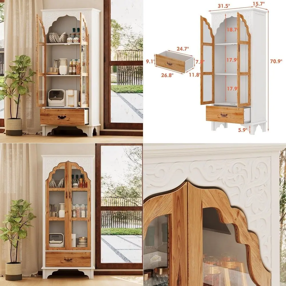 

70.9 Tall Kitchen Pantry with Glass Doors amp Drawer, Vintage Display Storage Cabinet with 3 Shelves, Buffet Cupboard for Kitch