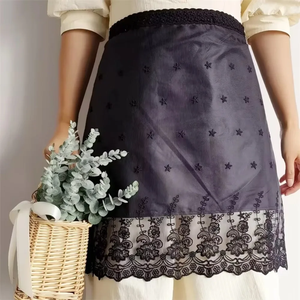 Waterproof Lace Half Waist Aprons Stain-Resistant Bucolic Embroidered Half-Length Kitchen Apron Oil-Proof Elegant