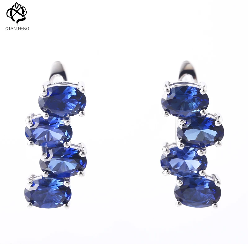 

Qian Heng S925 Synthetic Blue Sapphire Earrings Sliver Vintage Gem Stone Earring Elegent Design For Women Gift Party Jewelry