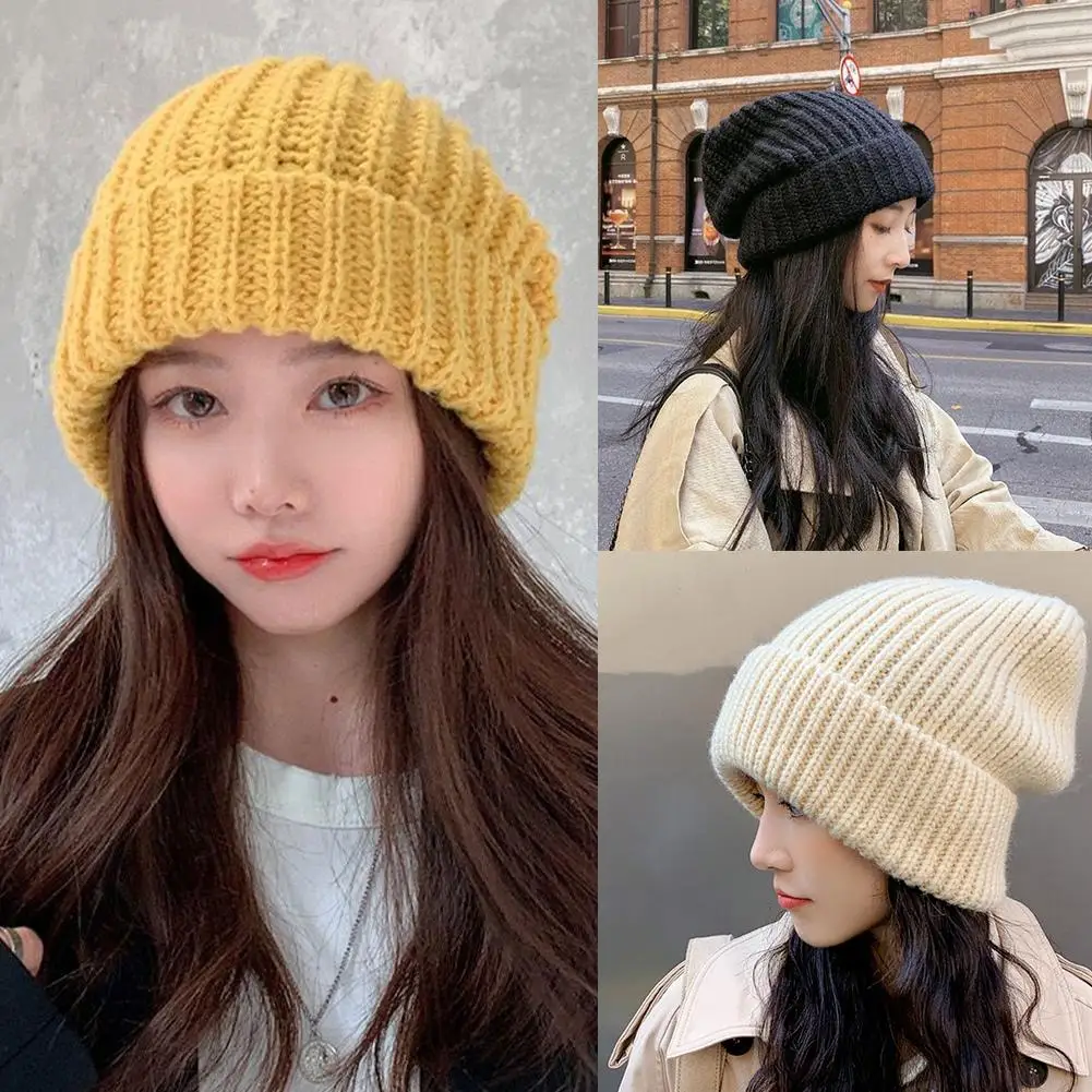 

Fashion Knitted Cap Fluffy Keep Warm Beanie Hat For Women Girls Solid Color Outoor Ski Warm Comfortable Ear Protection Caps K9D5