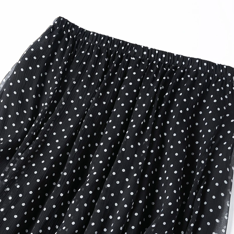 BirdTree, 100%Real Silk Elegant Skirt, Women Elastic Waist Dot Printed, French Versatile Commute Skirt, 2024 Summer B44603QC