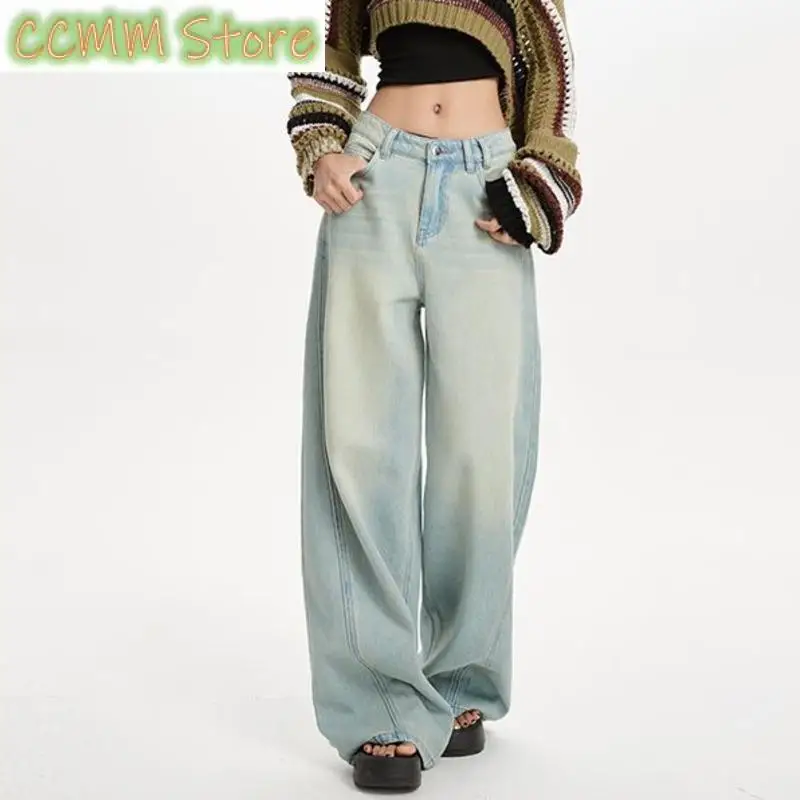 

Vintage High Waist Jeans Women Loose Streetwear Straight Wide Leg Jeans Femme Lengthen Light Blue Denim Jeans Split Joint
