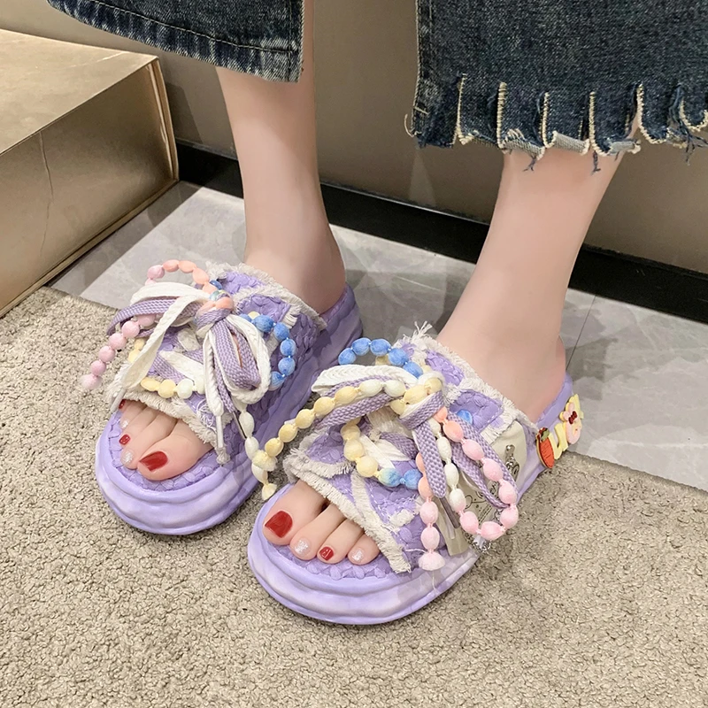 Summer Ladies Slippers Lace-up Canvas Women Shoes Graffiti Hip-Hop Sandals Sweat-absorbing Flat Shoes Purple Women Slippers