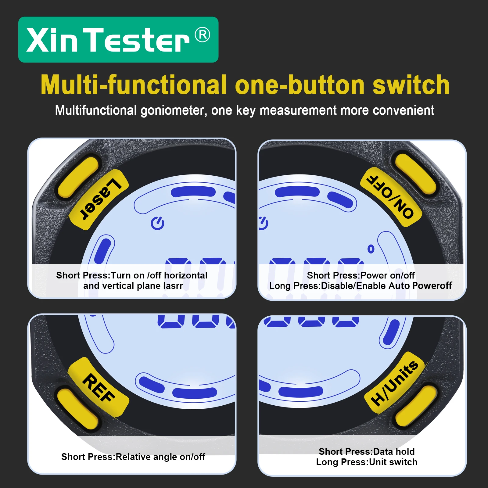 Xin Tester 4*90 Degree Digital Angle Gauge Magnetic Protractor Inclinometer Level Type-C Charging Angle Finder LCD Backlight