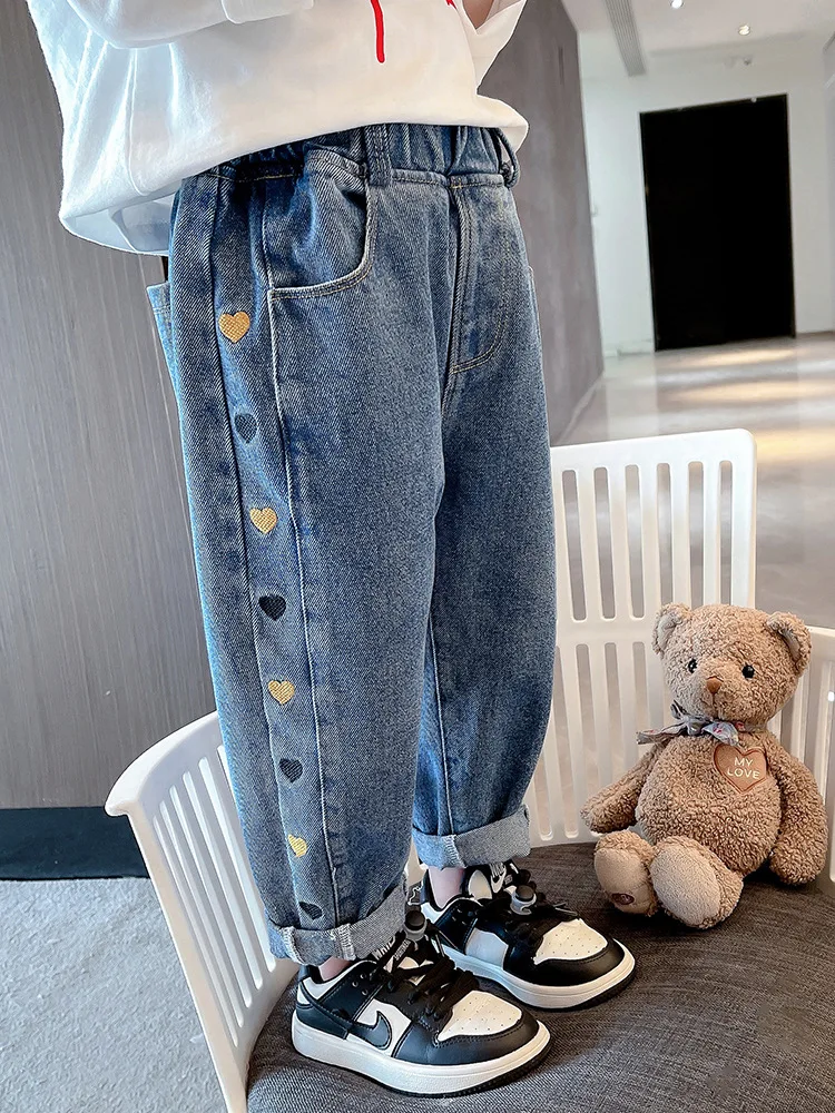 

2024 New Autumn Elastic Kids Jeans Girls Cute Leisure Denim Blue Children Pants Girl Clothes Trousers 2-7 Years