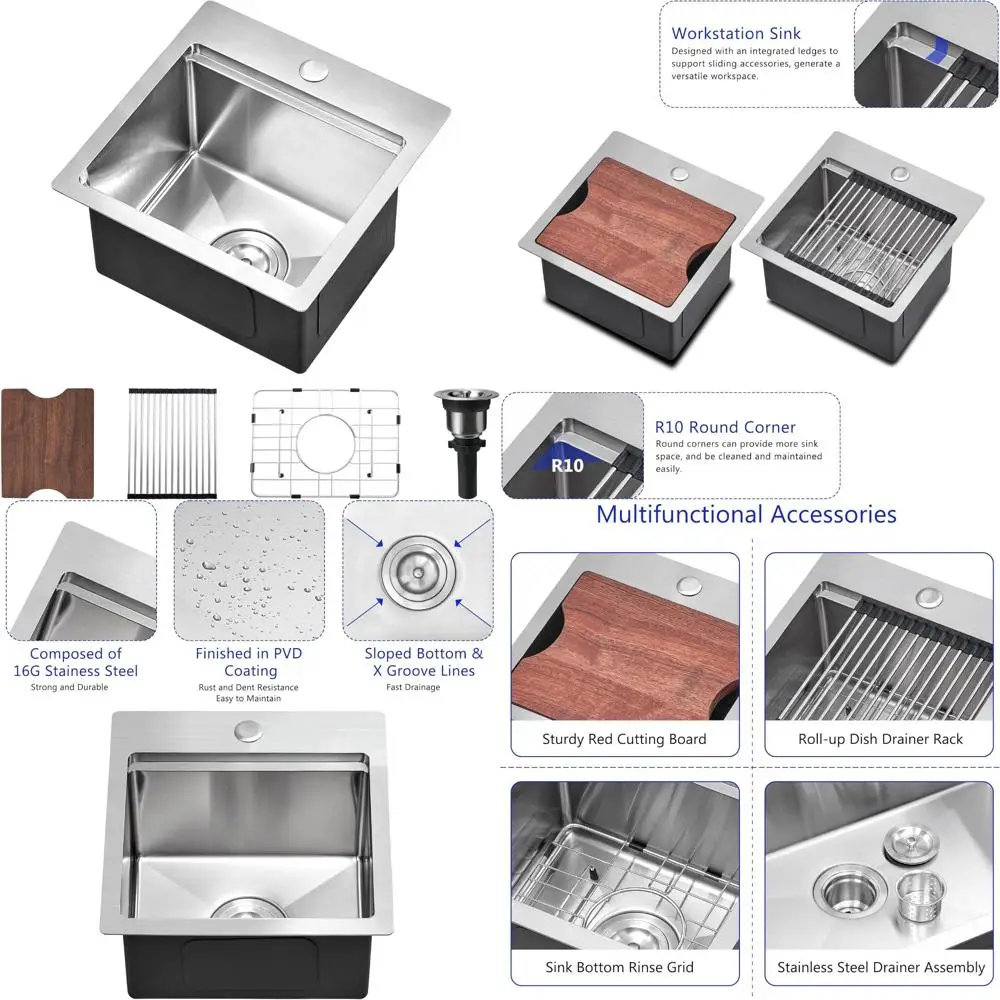 

Stainless Steel 15 Inch Drop-In Kitchen Bar Sink, 15x15x9 Inches Small Topmount Workstation Sink for Kitchens