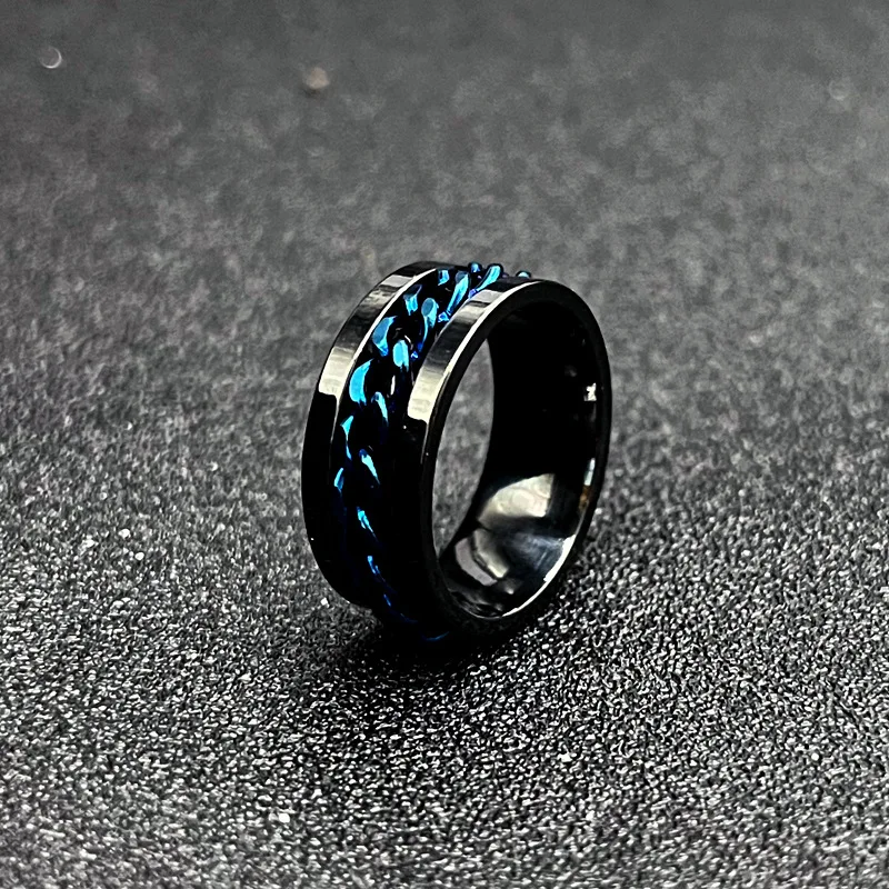 خاتم رجالي من الفولاذ التيتانيوم بسلسلة قابلة للدوران - فتاحة هيب هوب روك بيرة، 304 ستانلس ستيل، متين وأنيق