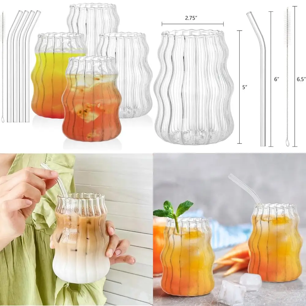

4 pack ribbed aesthetic glass cups with glass straw, 16oz vintage drinking glassware ripple cocktail glasses for iced coffee ju