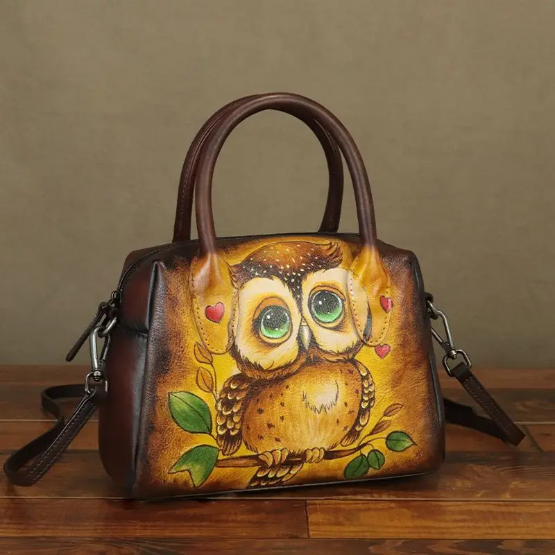 Imported First Layer Cowhide Hand-painted Vintage Leather Women's Bag Small Shoulder Crossbody Bag Women Boston Handbags