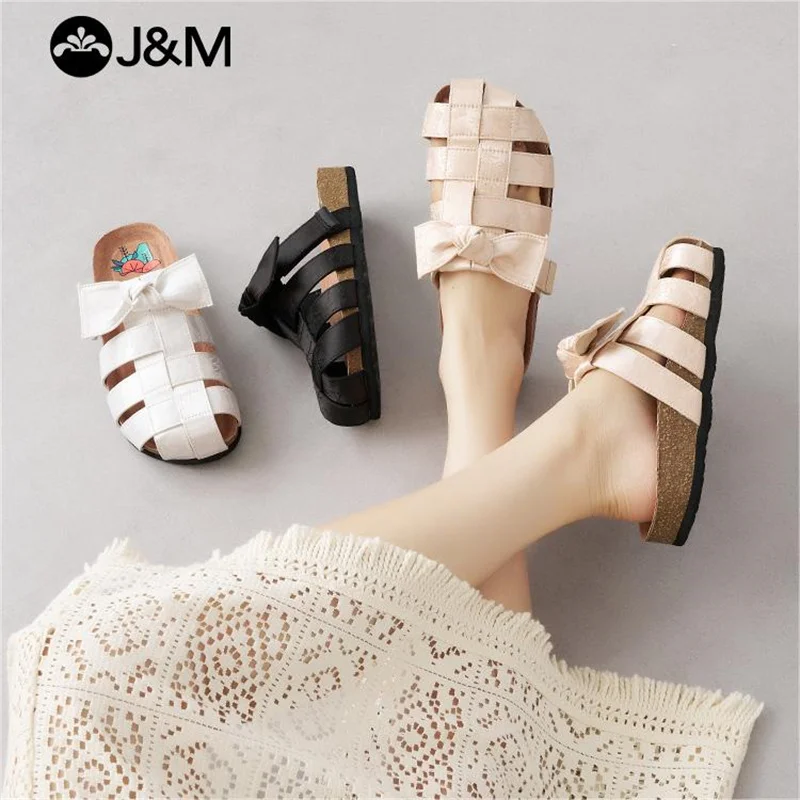 J&M Fashion Bow Women Slides Mules Black Slippers Clogs Cork Insole Sandals with Arch Support Outdoor Beach Slides Home Shoes