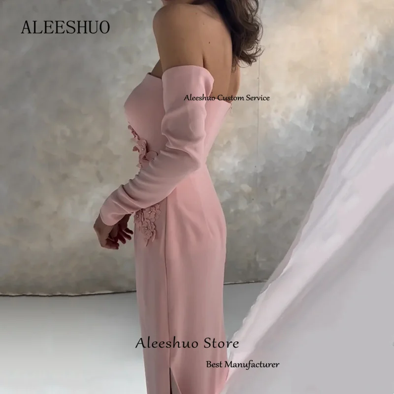 Aleeshuo-Vestidos de Noche elegantes con abertura larga, apliques de satén, vestido de graduación árabe saudita, mangas largas sin tirantes, sin espalda, hasta el tobillo