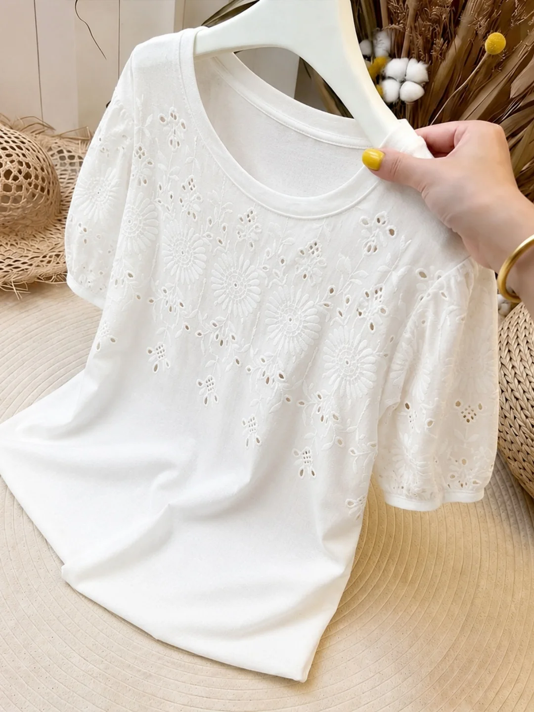 Elegant Embroidered Hollow out Short Sleeve T-Shirt round Neck Lightweight Summer Top for Women Casual Style Universal Fit