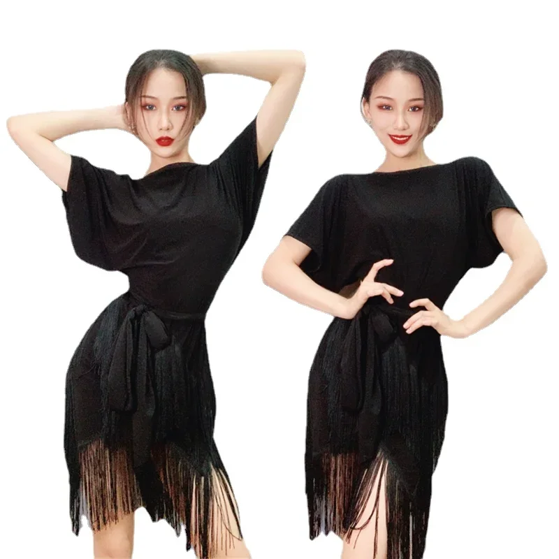 Black Latin Dance Dress Female Adult Slimming Loose Short-sleeved Training Dress High-grade One-piece Fringe Skirt Dance Dress