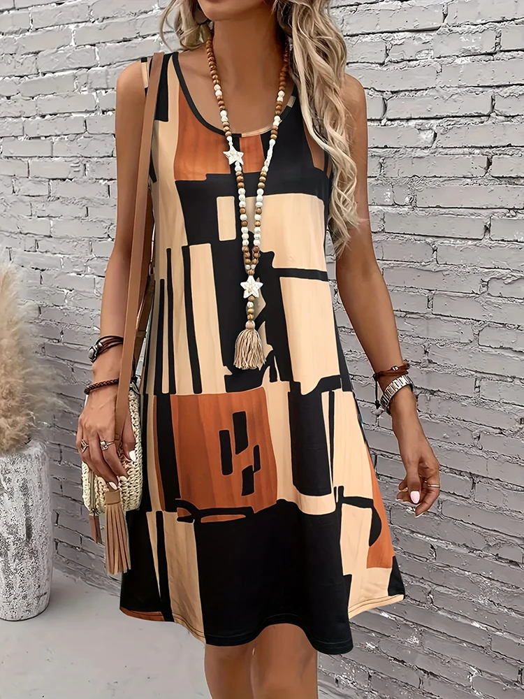 

New Summer Daily Casual Dress Patchwork Print Ladies Elegant Short Dress Urban Street Fashion Ladies Sleeveless Short Dress