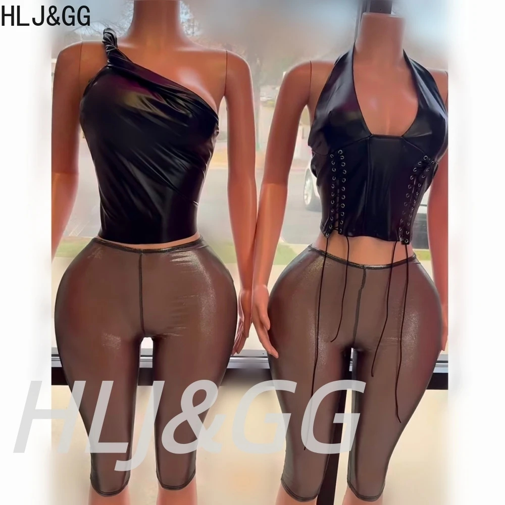 

HLJ&GG Black Sexy Halter Leather Bandage Two Piece Set Women V Neck Sleeveless Backless Slim Crop Top And Leather Shorts Outfits