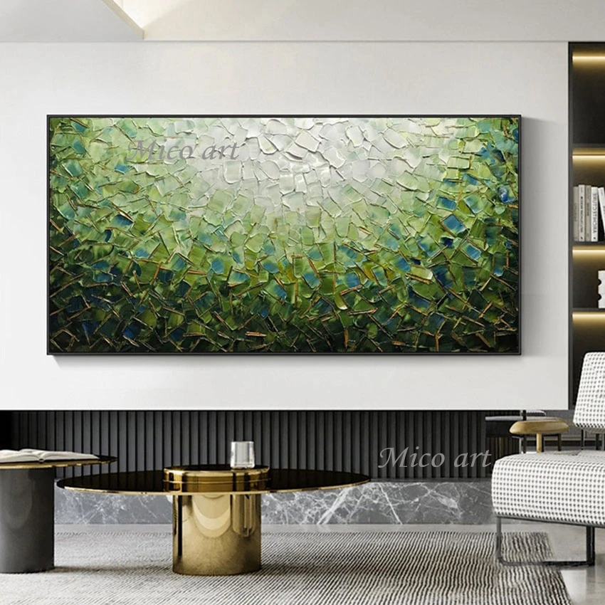 Palette Knife Canvas Arts Picture Green Acrylic Texture Wall Abstract Handmade Oil Painting Frameless Decorative Items For Cafe