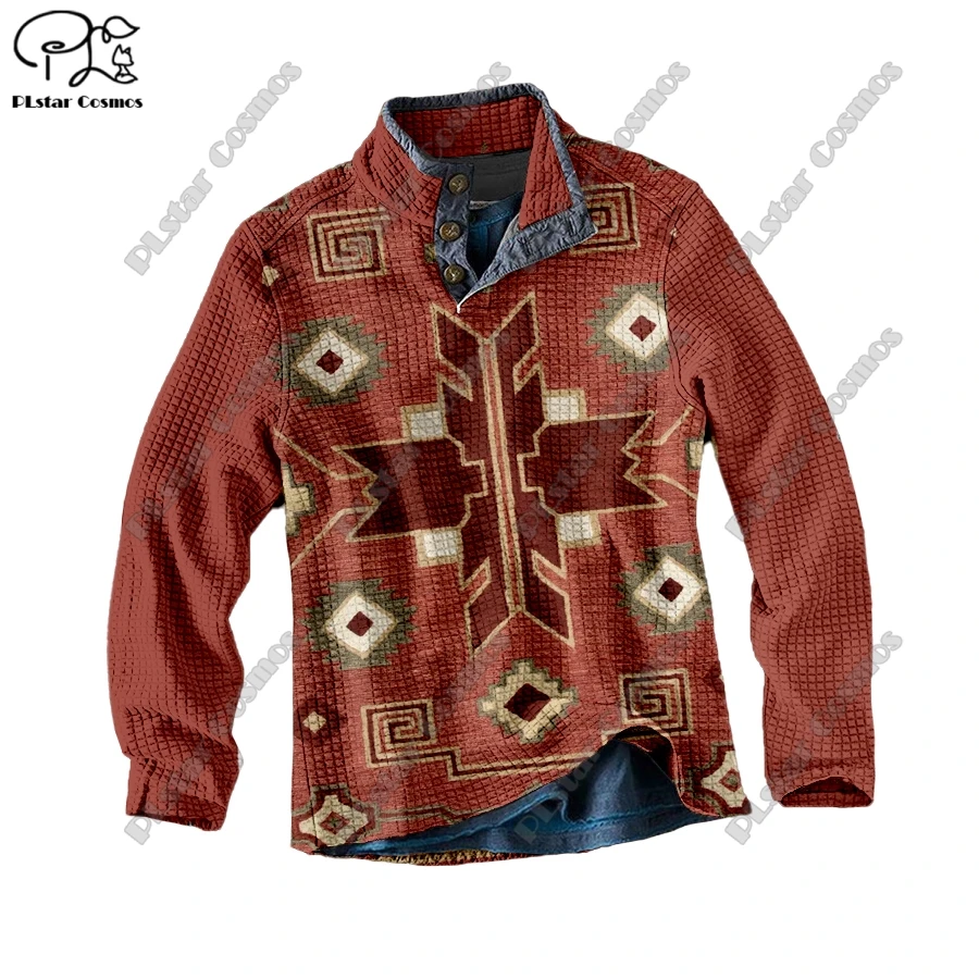 PLstar Cosmos new 3D printing tribal retro pattern series warm stand collar sweater Polo street casual unisex winter Polo L-9