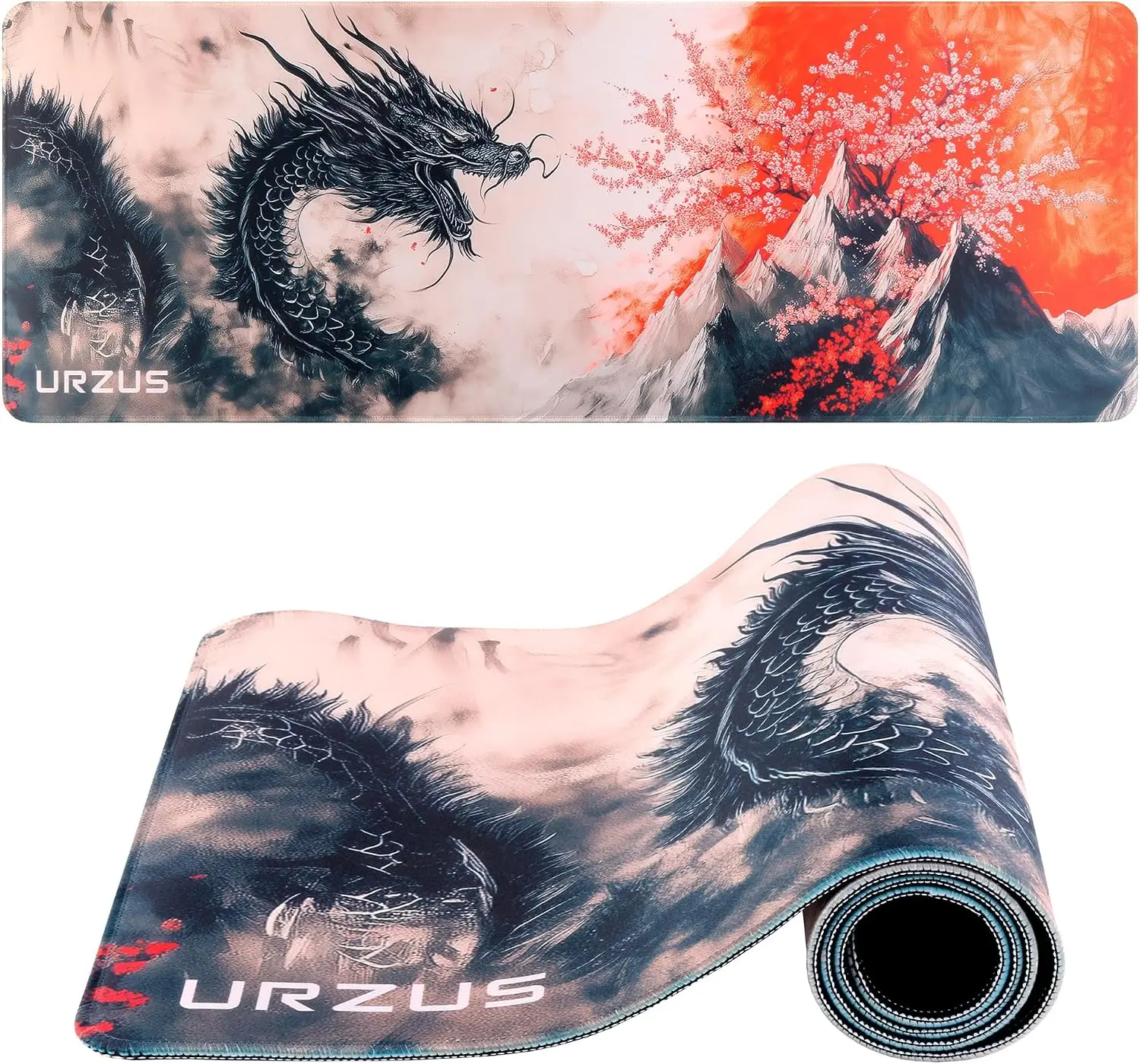 Ink Dragon Large Desk Mouse Pad,Traditional Black Dragon Sakura Mountain Oriental Scene Art Print,Non‑Slip Mat For Gaming Office