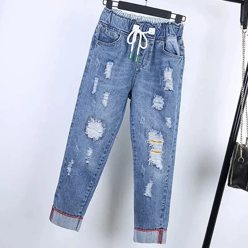 Harlan Jeans Women's Summer Korean Edition Loose High Waist Elastic Waist Hole Denim Pants Female Casual Trousers Streetwear