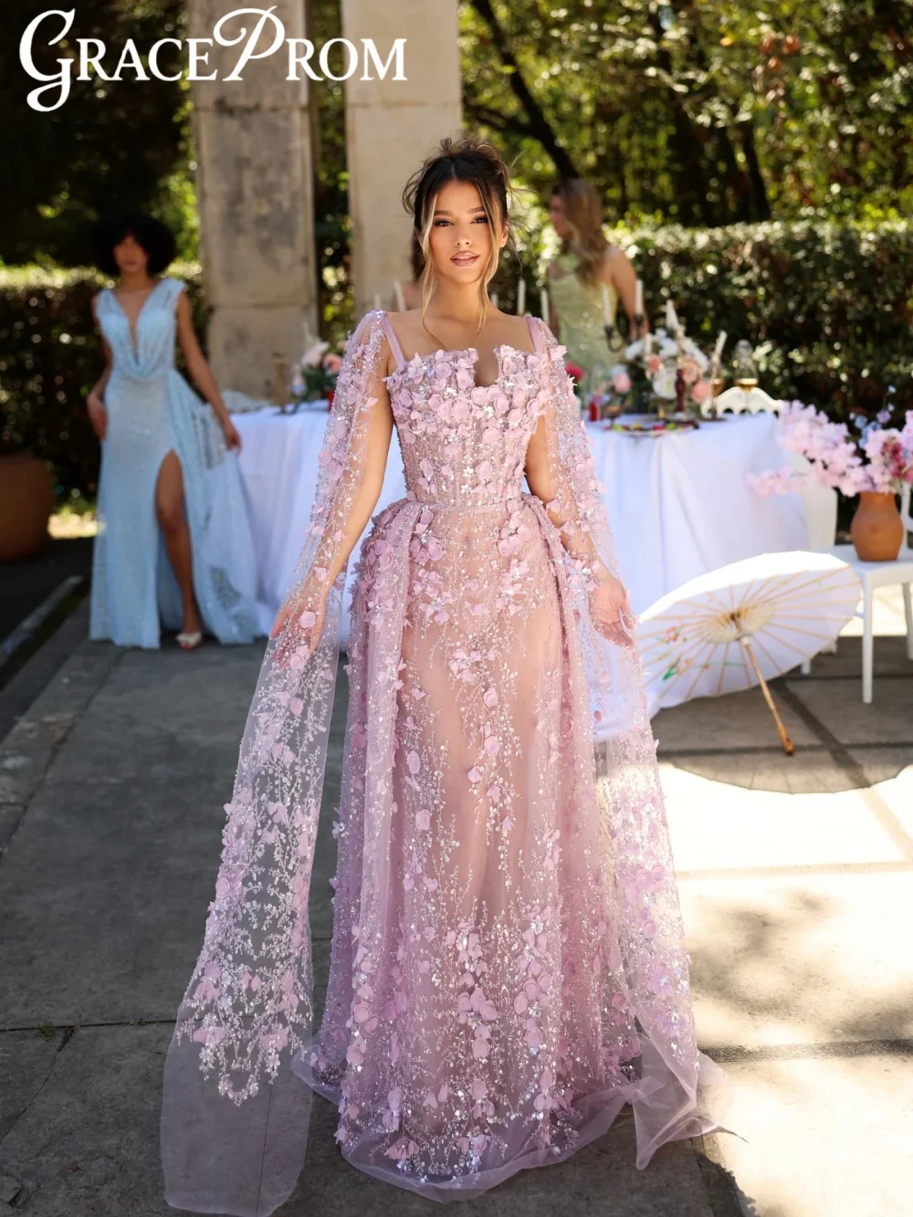 

Charming 3D Flower Evening Dress Exquisite Beaded A-line Floor-length Wedding Party Gown Customized Cape Sleeve Prom Dresses