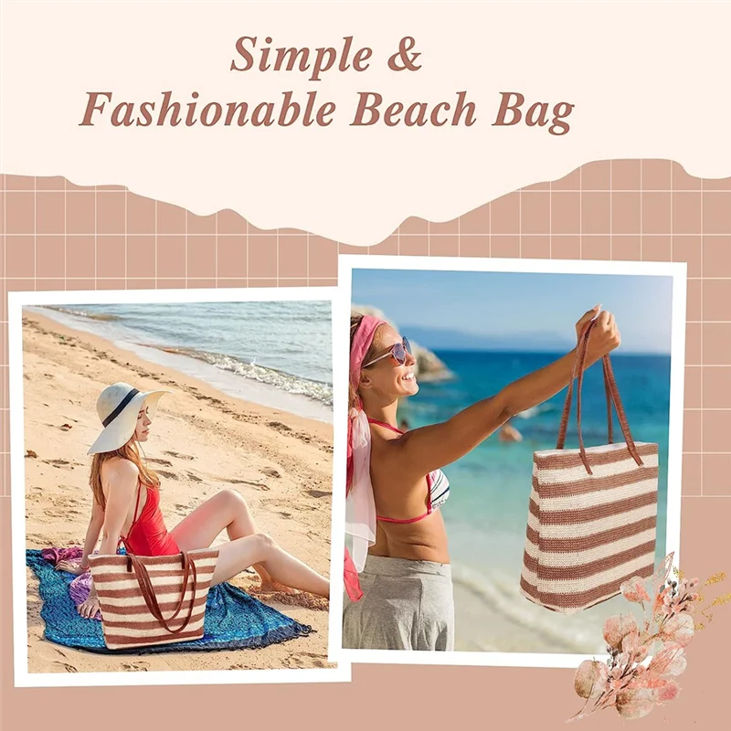 ABLQ Large Straw Bag Beach Tote Bag Soft Tote Bag with Zipper Beach Handbag with Stripe Woven Shoulder Bag Khaki