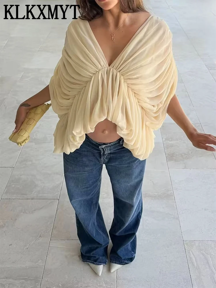 KLKXMYT Elegant Cascading Pleated Asymmetry Blouse Women Loose Chic Batwing Sleeve V Neck Tops 2026 Summer Lady New Blouses ﻿