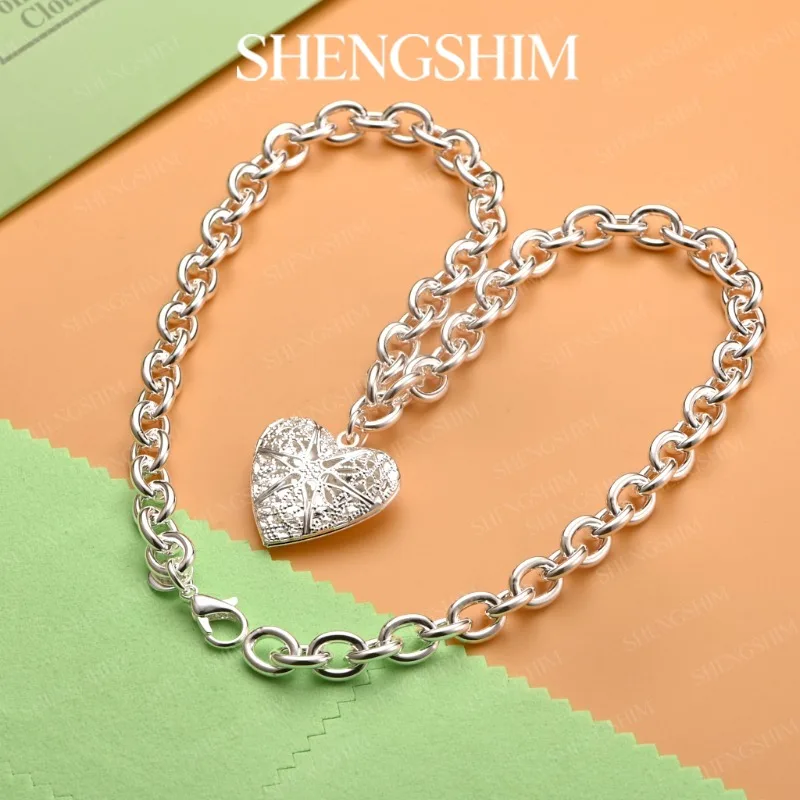 SHENGSHIM 925 Sterling Silver Oval Chain Heart Shaped Locket Necklace For Men Women Fashion Jewelry Hip Hop Party Birthday Gift