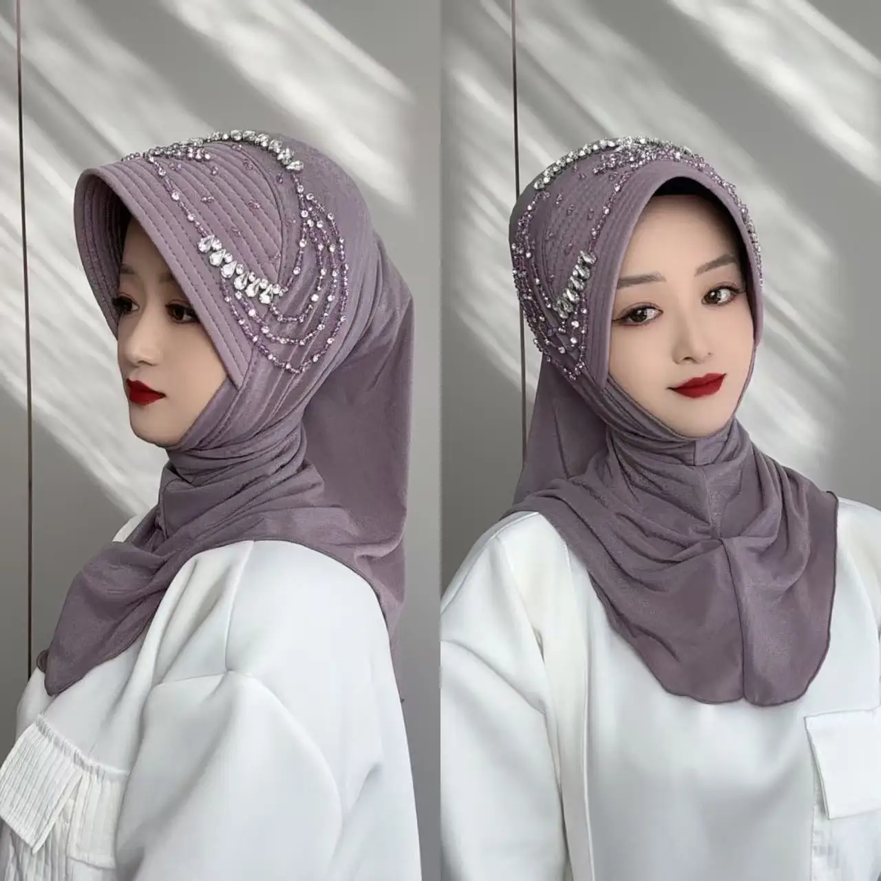 New Muslim Star Tao yarn fabric handmade convenient scarf with pull-on sponge hat brim and hand-sewn rhinestones