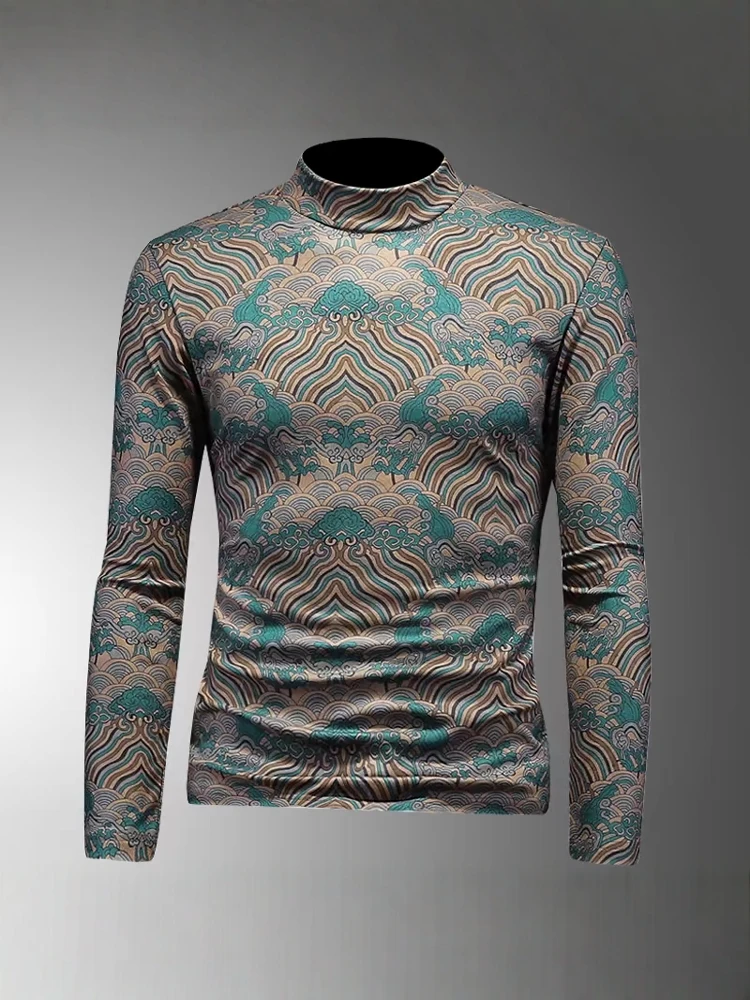 

Модная повседневная мужская термофутболка из полиэстера с длинным рукавом, высоким воротником, зимняя, новая модель, большие размеры, с внутренним цветочным узором