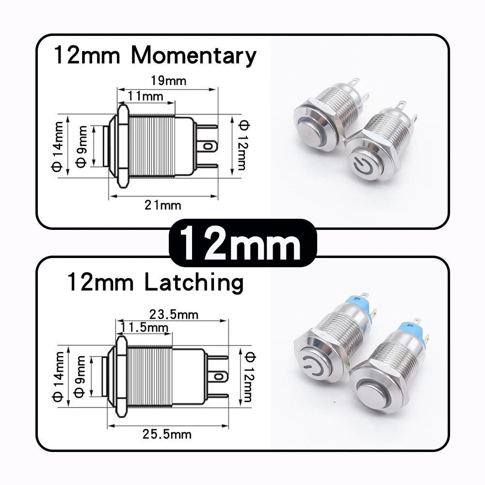 Interruptor de botón de metal de 12mm, 16mm, 19mm, 22mm, botón de inicio de cierre abierto de cabeza alta, 6v, 12v, 24v, 110v, 220v, control de