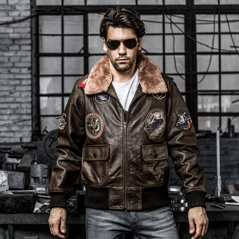 Super Fast Shipping,Men Air Force Flight G1 Pilot Jacket Top Quality Genuine Cow Leather Warm Fur Collar Detachable Coat