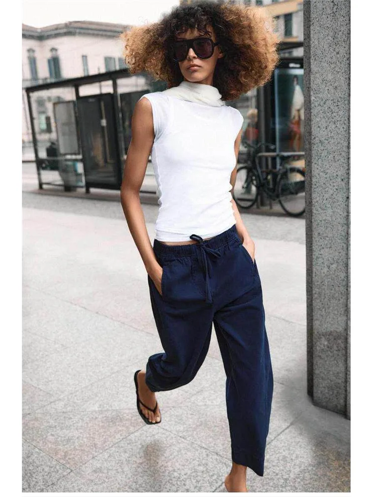 Low Waist Adjustable Elastic Waist Casual Pants with Pockets Versatile Style Women's Fashion Spring Season Cotton Blend