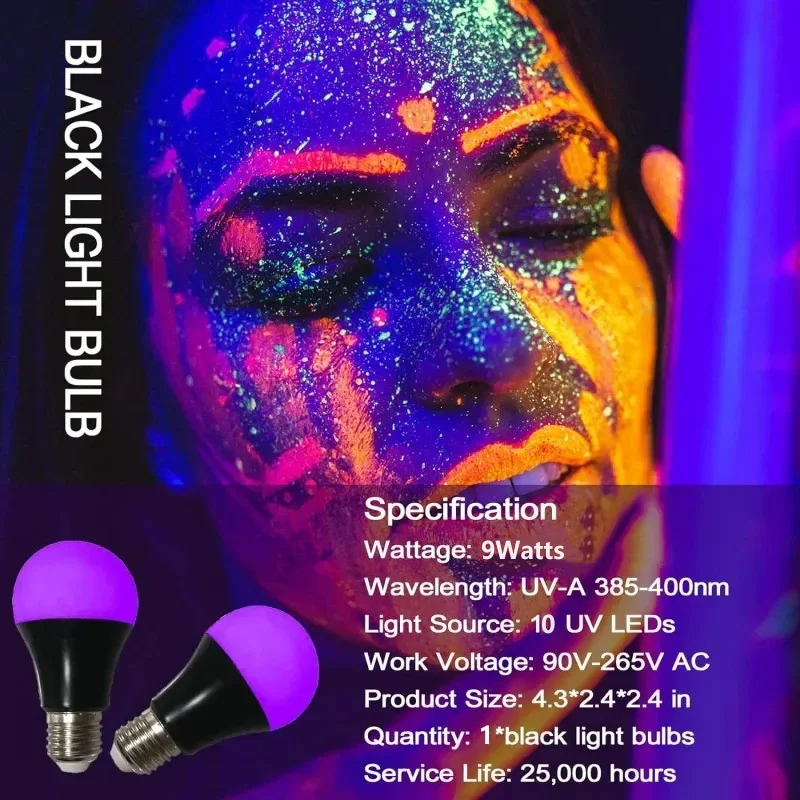 Черные лампочки 9 Вт, светодиодные УФ-черные лампы, 395-400 нм для черного света, светящиеся в темноте краски для тела, флуоресцентный плакат, неоновая светящаяся лампа
