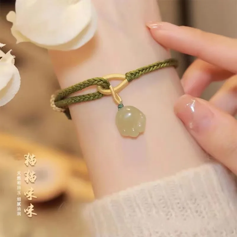 2025 New Style Natural Hetian Jade Lucky Cat Claw Handwoven String Zodiac Couple Jewelry Festival Gift