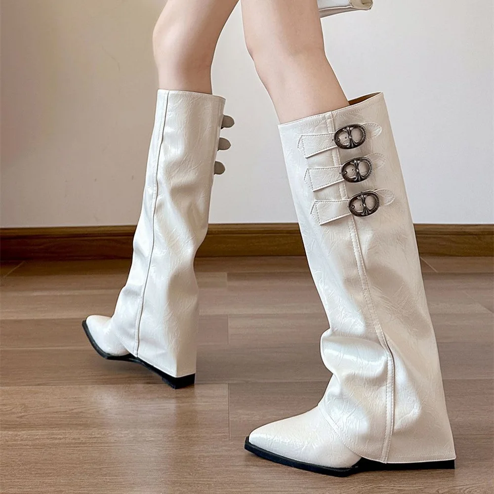 

FHC 2025 New Women Knee High Boots,Buckles Long Botas,Autumn/Winter Shoes,Pointed Toe,Slip On,Beige,Khaki,Dropship