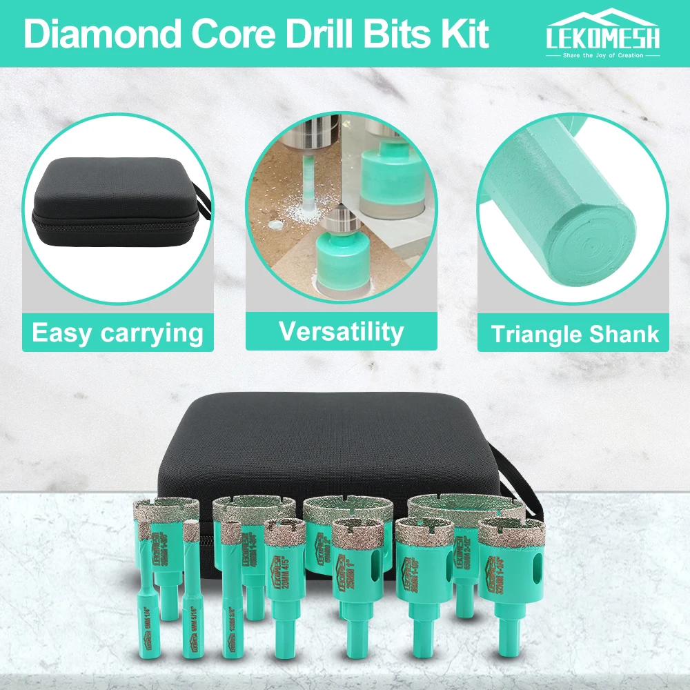 LEKOMESH Diamond Drill Bits 11pcs/set 6-65mm Core Drill Bits Triangle Shank Granite Marble Ceramic Porcelain Tile Tool Kit Bag