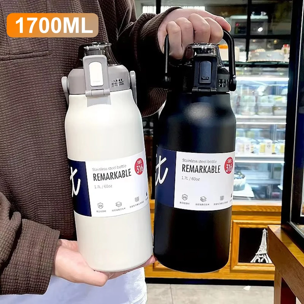 1700ML Vacuum Thermos Straw Bottle Stainless Steel Large Capacity Insulated Kettle Anti-Collision Outdoor Sports Thermos Flask