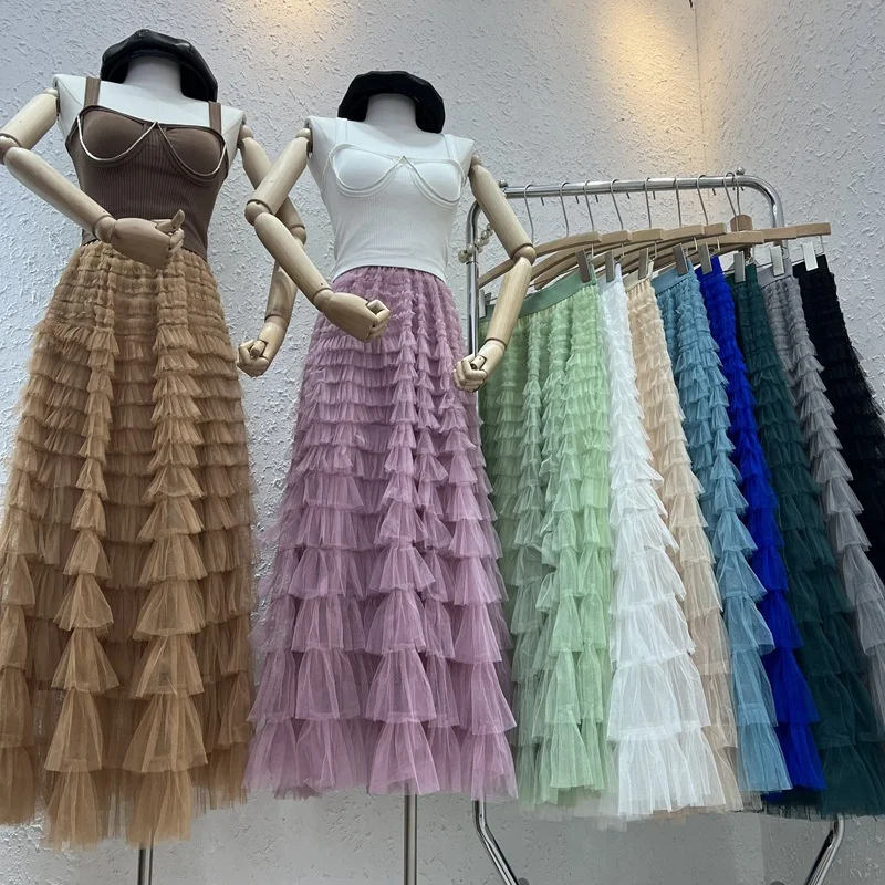 Fashion Mesh Cake Skirt Women Summer Elastic Waist Long Skirts 19 Colors Double-deck A-line Skirts Female Casual Princess Skirts