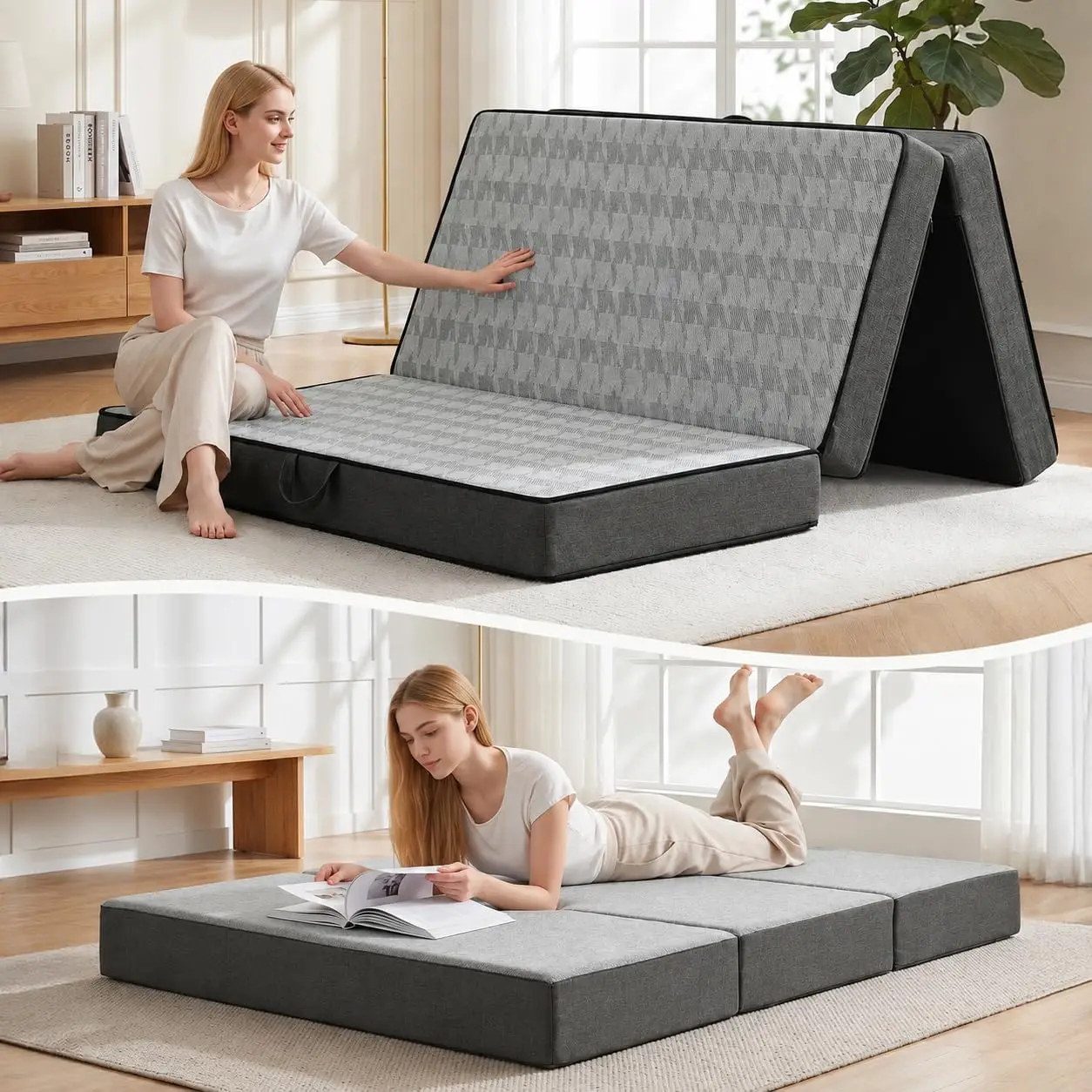 Queen Size 6-Inch Trifold Mattress, Thick Memory Foam Futon Topper with Carry Handles, Washable Removable Cover, Non-Slip Bottom Floor Sofa Bed for Camping Pad, Guest Bed, Yoga, RV, Gray