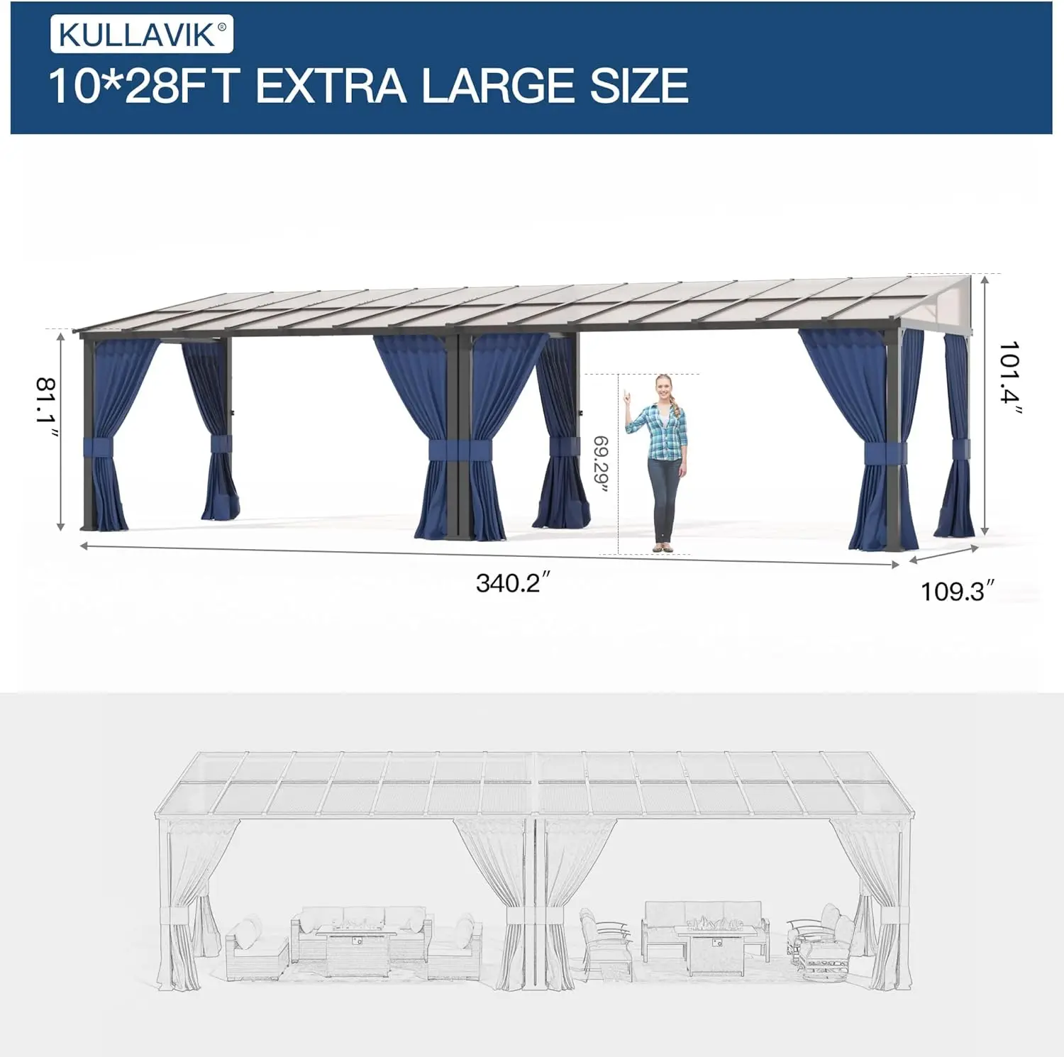 10' x 28' Hardtop Gazebo for Patio Gazebo Pergola with Sloping Polycarbonate Pitched Roof Durable Aluminum Frame