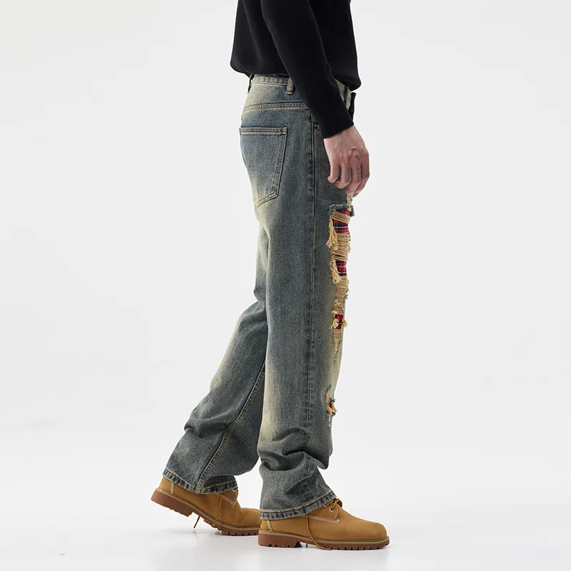 American Retro Tattered Jeans Patch Loose Straight Jeans Men's Autumn 2024 Personalized Men's Clothing Nostalgic Y2K Trousers